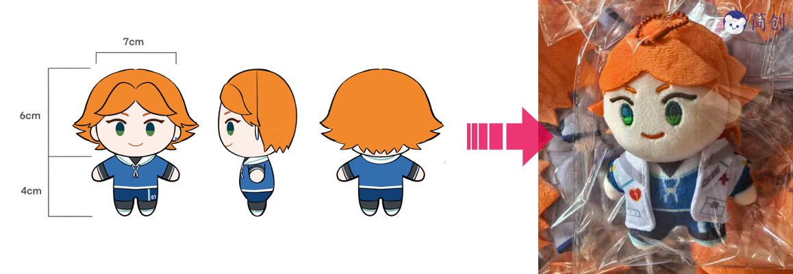 Corporate mascot 관습ization: A professional plush toy prototype showing the transition from 2D br그리고ing artwork to a 3D physical plush mascot